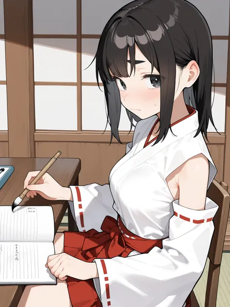 cute girl, schoolgirl, small girl, short girl, tween, (solo), (1girl), (alone), miko, white shirt, white detached sleeves, red trim, hakama skirt, red skirt, (medium breasts), skinny, narrow waist, thighs, black hair, medium hair, double parted bangs, blac...