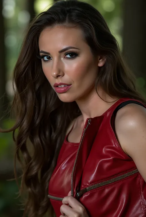 a beautiful detailed wolf-woman Casey Calvert with piercing eyes, long eyelashes, sharp fangs, supernatural wolf-like features, red leather outfit, wearing flawless makeup ,eyeliner, eyeshadow, red lips, alluring expression, nylon stockings, warm colors, ...