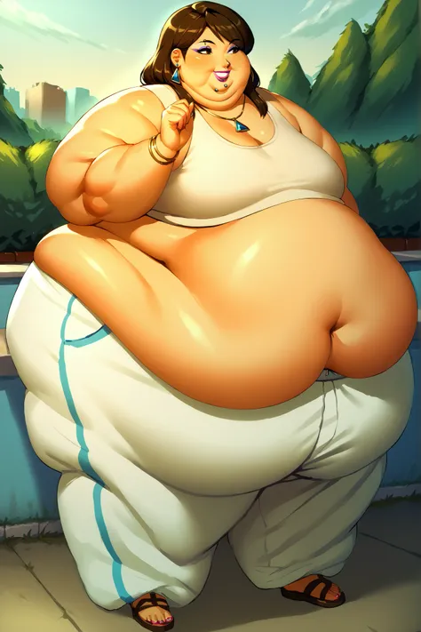 score_9, score_8_up, score_7_up, score_6_up, source_anime, BREAK masterpiece, brown eyes, makeup, lipstick
necklace, piercing
bracelet
tank top, baggy pants, full body, smile, cowboy shot, outdoors, fat, SSBBW