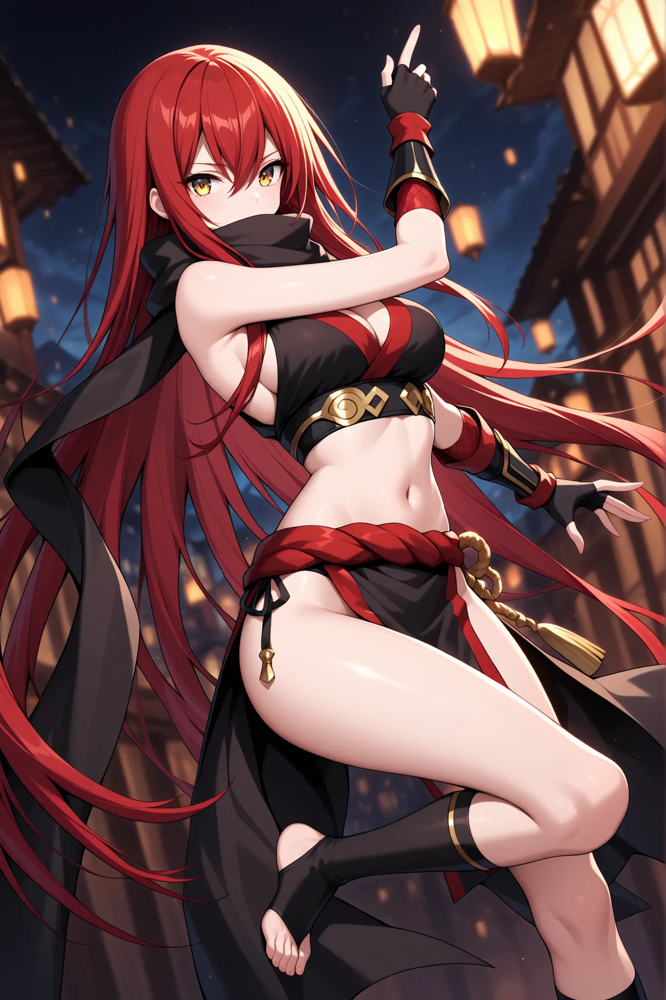 1 woman , golden eyes , very long hair , long sidelocks, red hair, petite , very cute , beautiful ,Straight hair, cool, handsome, hair between eyes, sexy, medium large breast, ninja, bare shoulders, midriff, navel, black scarf, fingerless gloves, pelvic cu...