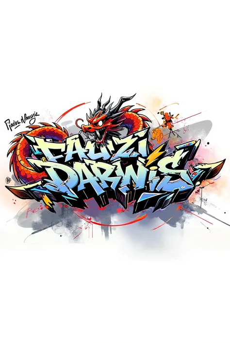 Cool graffiti spelling 'Fauzi Darwis' on a white background, red black dragon,  Chinese,