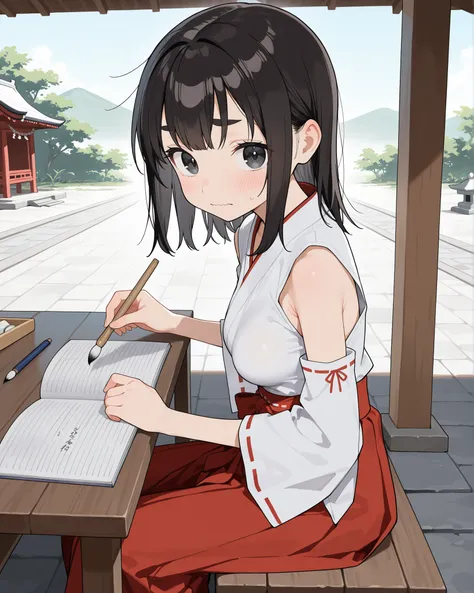 cute girl, schoolgirl, small girl, short girl, tween, (solo), (1girl), (alone), miko, white shirt, white detached sleeves, red trim, long skirt, hakama skirt, red skirt, (medium breasts), skinny, narrow waist, black hair, medium hair, double parted bangs, ...
