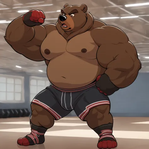 Solo, 1boy, Muscular Old, angry, focus, grunting, wide shoulder, pectoral, thick arms, huge pectoral, wide pectoral, shirtless, topless, height: 220cm (7’8), weight: 270kg (440lbs), a Kodiak brown bear in an MMA shorts with red line slits, wearing an MMA g...