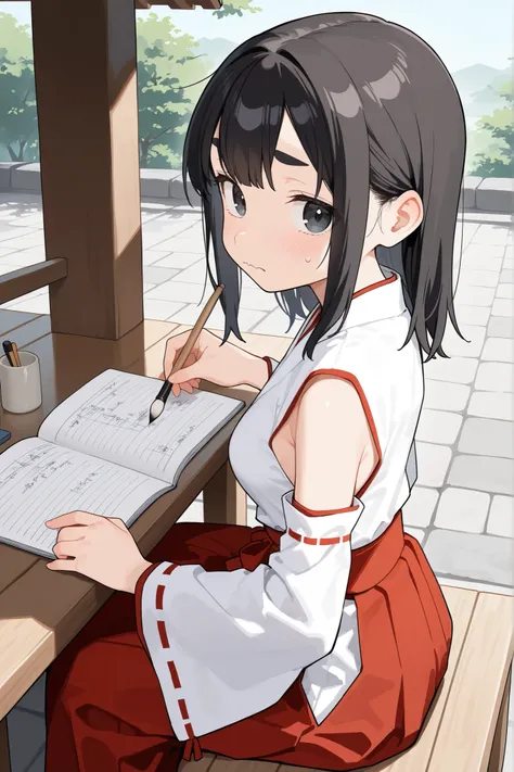 cute girl, schoolgirl, small girl, short girl, tween, (solo), (1girl), (alone), miko, white shirt, white detached sleeves, red trim, long skirt, hakama skirt, red skirt, (medium breasts), skinny, narrow waist, black hair, medium hair, double parted bangs, ...