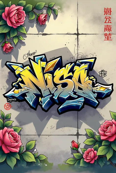 Cool graffiti spelling 'Nisa' on a stone wall background, Roses, Chinese