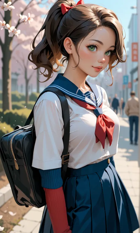 American 18 year old girl brown hair, green eyes, ponytail, cute, Japanese school Girl uniform, anime influences, busty, 