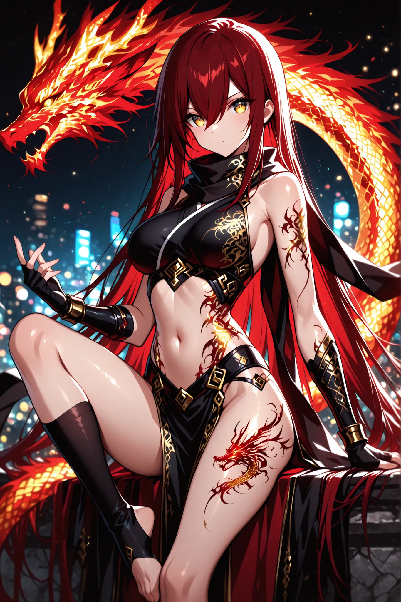 1 woman , golden eyes , very long hair , long sidelocks, red hair, petite , very cute , beautiful ,Straight hair, cool, handsome, hair between eyes, sexy, medium large breast, ninja, bare shoulders, midriff, navel, black scarf, fingerless gloves, pelvic cu...