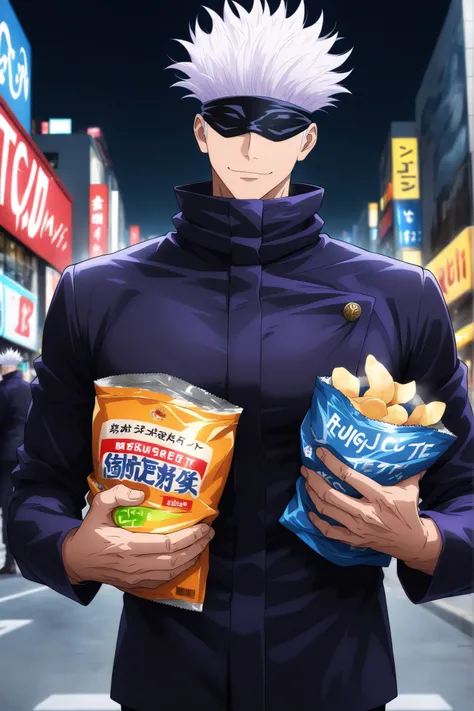 1man, gojou satoru /(jujustu kaisen/), detailed eyes, black blindfold, white hair, short hair, sexy man, trained body, muscular, handsome, cool, mature man, jujutsu tech uniform, macht top and botom, walks through a real city, looks around and eats chips,...