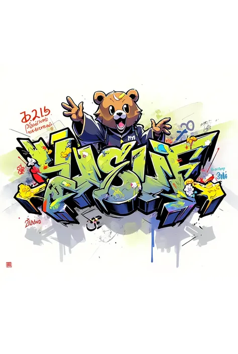Cool graffiti spelling 'Yusuf' on a white background, bear , Chinese,