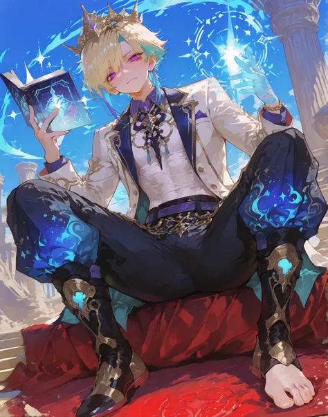 young slim athletic manly boy, smooth glowing fair skin, unique messy layered hair split into pure white with neatly trimmed undercut, side-swept bangs partly covering one eye, sharp dreamy eyes matching the colors of his hair, wearing glossy combat holog...
