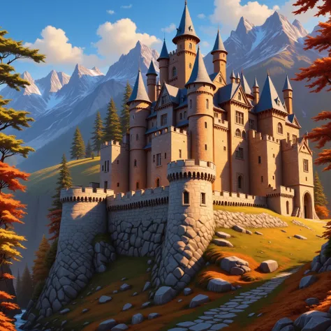 Close view of a massive castle, (closed-up of castle), high resolution, fantasy, digital painting style, realistic shadows, iray, autumn landscape, pines, trees, mountains, (cold autumn evening:1.2), twilight, 8k, 16k, highly Detailed, clear sky, fogless, ...