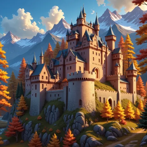 Close view of a massive castle, (closed-up of castle), high resolution, fantasy, digital painting style, realistic shadows, iray, autumn landscape, pine autumn forest, oak autumn forest, mountains, (cold autumn evening:1.2), twilight, 8k, 16k, highly Detai...