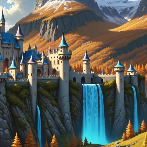 Close view of a massive castle, (closed-up of castle), high resolution, fantasy, digital painting style, realistic shadows, iray, autumn landscape, pine autumn forest, oak autumn forest, mountains, (cold autumn evening:1.2), twilight, 8k, 16k, highly Detai...