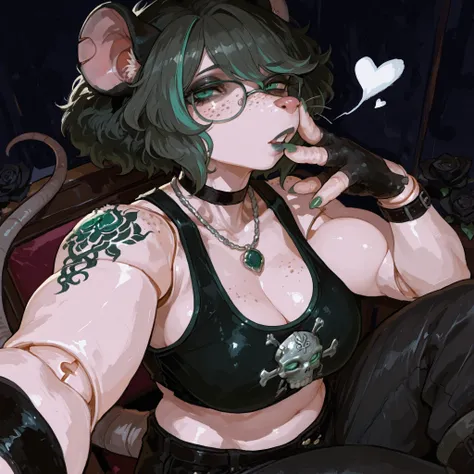 (Tall Mature Voluptuous Female furry rat), (black big curly afro with green highlights), (Green streaks in hair), (green eyes), (glowing iris), (black choker), (black leather bracelets), (Black Rose Tattoo on right shoulder), (Silver necklace with a green ...