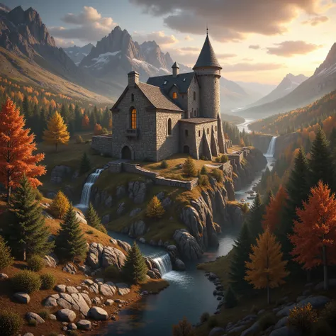 Close view of a castle, high resolution fort, (closed-up of castle), high resolution, fantasy, digital painting style, realistic shadows, iray, autumn landscape, pines, trees, mountains, (cold autumn evening:1.2), twilight, 8k, 16k, highly Detailed, clear ...