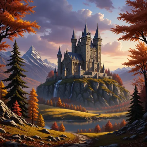 Close view of a massive castle, (closed-up of castle), high resolution, fantasy, digital painting style, realistic shadows, iray, autumn landscape, pines, trees, mountains, (cold autumn evening:1.2), twilight, 8k, 16k, highly Detailed, clear sky, fogless, ...