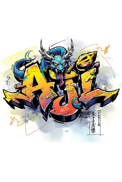 Cool graffiti spelling 'AJI' on a white background, three-headed snake , Chinese,