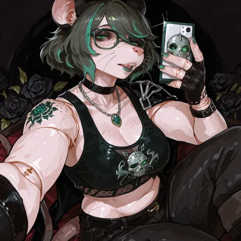 (Tall Mature Voluptuous Female furry rat), (black big curly afro with green highlights), (Green streaks in hair), (green eyes), (glowing iris), (black choker), (black leather bracelets), (Black Rose Tattoo on right shoulder), (Silver necklace with a green ...