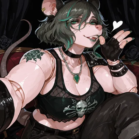 (Tall Mature Voluptuous Female furry rat), (black big curly afro with green highlights), (Green streaks in hair), (green eyes), (glowing iris), (black choker), (black leather bracelets), (Black Rose Tattoo on right shoulder), (Silver necklace with a green ...