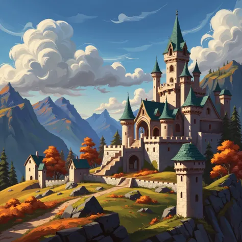 Close view of a massive castle, kingdom, (closed-up of castle), high resolution, fantasy, digital painting style, realistic shadows, iray, (autumn:1.5), forest, orchard, mountain, (bright morning:1), twilight, 8k, 16k, highly Detailed, clear sky, (fogless:...