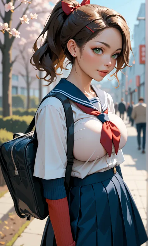 American 18 year old girl brown hair, green eyes, ponytail, attractive, Japanese school Girl uniform, anime influences, (((massive breasts:1.8)))