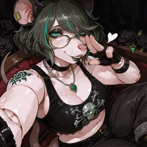 (Tall Mature Voluptuous Female furry rat), (black big curly afro with green highlights), (Green streaks in hair), (green eyes), (glowing iris), (black choker), (black leather bracelets), (Black Rose Tattoo on right shoulder), (Silver necklace with a green ...