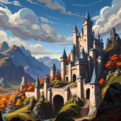 Close view of a massive castle, kingdom, (closed-up of castle), high resolution, fantasy, digital painting style, realistic shadows, iray, (autumn:1.5), forest, orchard, mountain, (bright morning:1), twilight, 8k, 16k, highly Detailed, clear sky, (fogless:...