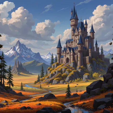 Close view of a massive castle, kingdom, (closed-up of castle), high resolution, fantasy, digital painting style, realistic shadows, iray, (autumn:1.5), pine forest, orchard, mountain, (bright morning:1.2), twilight, 8k, 16k, highly Detailed, clear sky, (f...