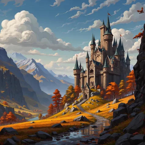 Close view of a massive castle, kingdom, (closed-up of castle), high resolution, fantasy, digital painting style, realistic shadows, iray, (autumn:1.5), willow forest, mountain, (bright morning:1.2), twilight, 8k, 16k, highly Detailed, clear sky, (fogless:...