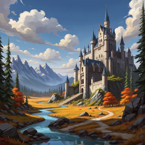 Close view of a massive castle, kingdom, (closed-up of castle), high resolution, fantasy, digital painting style, realistic shadows, iray, (autumn:1.5), yew & oak forest, mountain, (bright morning:1.2), twilight, 8k, 16k, highly Detailed, clear sky, (fogle...