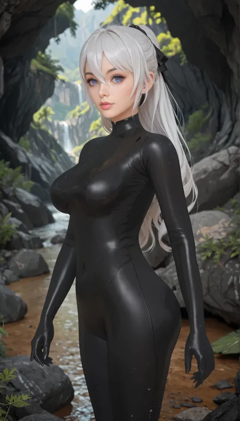 perfect figure, perfect breasts, big ass, 4K, high quality, beautiful eyes, Bronya Zaychik, white hair, Latex black full Bodysuit, front view, Background canyon 