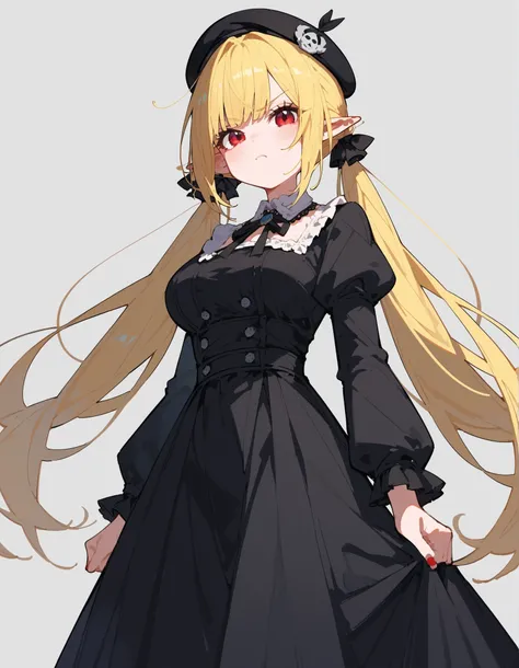 girl,Yellow-haired,In the red eye,Pointed ears,Tights,Gothic ta,black skirt,long hair,cute,black beret,Milf,,upset,slim,,double ponytail,twin tails hair,gray background,long skirt,