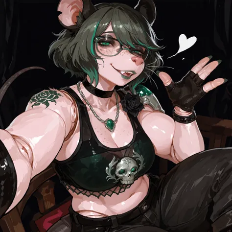 (Tall Mature Voluptuous Female furry rat), (black big curly afro with green highlights), (Green streaks in hair), (green eyes), (glowing iris), (black choker), (black leather bracelets), (Black Rose Tattoo on right shoulder), (Silver necklace with a green ...