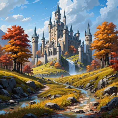 Close view of a massive castle, kingdom, (closed-up of castle), high resolution, fantasy, digital painting style, realistic shadows, iray, (autumn:1.4), willow forest, mountain, bright morning, twilight, 8k, 16k, highly Detailed, clear sky, (fogless:1), cl...