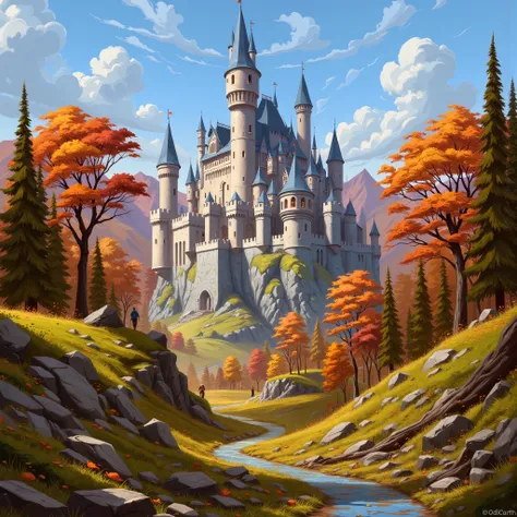Close view of a massive castle, kingdom, (closed-up of castle), high resolution, fantasy, digital painting style, realistic shadows, iray, (autumn:1.5), yew & oak forest, mountain, (bright morning:1.2), twilight, 8k, 16k, highly Detailed, clear sky, (fogle...
