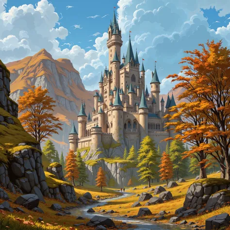 Close view of a massive castle, kingdom, (closed-up of castle), high resolution, fantasy, digital painting style, realistic shadows, iray, (autumn:1.3), willow forest, mountain, bright morning, twilight, 8k, 16k, highly Detailed, clear sky, (fogless:1), cl...