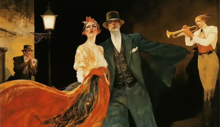 Elegant fashion scene depicting a couple walking in the charming streets of New Orleans, with a musician playing a trumpet near a glowing streetlamp. The woman wears a vintage dress with intricate patterns in antique ruby and rusty red, while the man’s att...