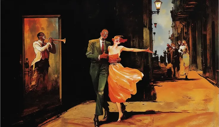 Illustration of a joyful couple walking through the historic streets of New Orleans, with a black man playing trumpet under a streetlamp. The air is thick with music, love, and history, as the scene glows in colors of antique ruby, dark green, and tart ora...