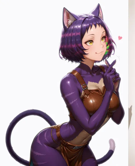  Smooth quality ,masterpiece, super realistic, masterpiece, highly detailed leather,
simple background, white background, 
dutch corner,Varice,playful face, 
crossed fingers,
clothes on the side,
  mialey/cnn, cat girl, short Hair, cat ears, purple hair, y...