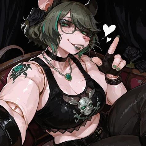 (Tall Mature Voluptuous Female furry rat), (black big curly afro with green highlights), (Green streaks in hair), (green eyes), (glowing iris), (black choker), (black leather bracelets), (Black Rose Tattoo on right shoulder), (Silver necklace with a green ...