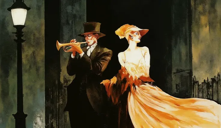 A stunning fashion illustration of a couple strolling through the historic French Quarter of New Orleans, dressed in stylish 1920s evening wear. The man plays a soulful tune on his trumpet under the glow of a streetlamp. The scene is bathed in deep dark gr...