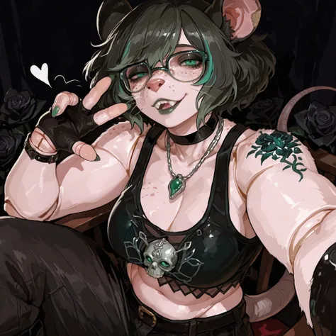 (Tall Mature Voluptuous Female furry rat), (black big curly afro with green highlights), (Green streaks in hair), (green eyes), (glowing iris), (black choker), (black leather bracelets), (Black Rose Tattoo on right shoulder), (Silver necklace with a green ...