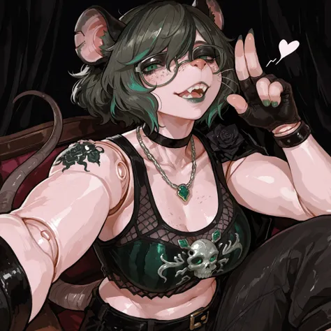 (Tall Mature Voluptuous Female furry rat), (black big curly afro with green highlights), (Green streaks in hair), (green eyes), (glowing iris), (black choker), (black leather bracelets), (Black Rose Tattoo on right shoulder), (Silver necklace with a green ...