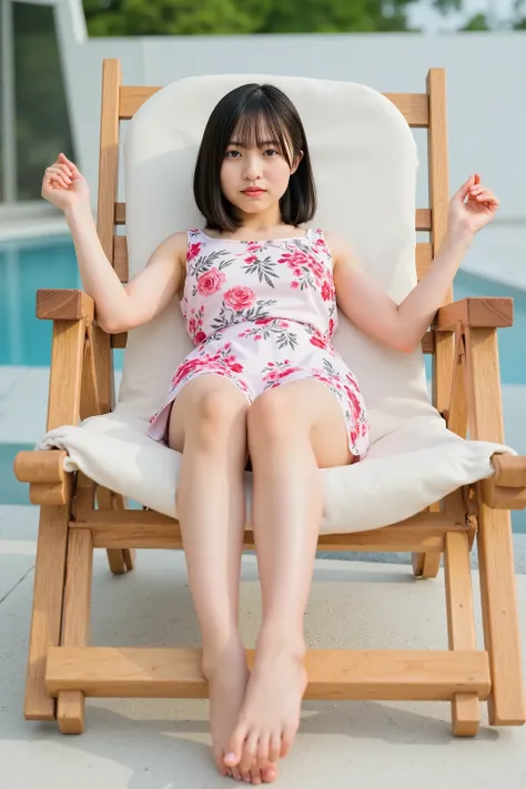 A high resolution photograph of a young Japanese girl in floral print bikini (reclining on a deck chair outdoors with spread legs apart as if for missionary sex:1.2). Her hairstyle is short black hair with bangs. She has pale skin, slim body and small brea...