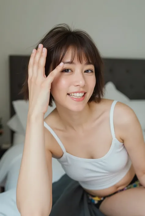 Beautiful woman with short hair in an overwhelmingly beautiful camisole、active pose