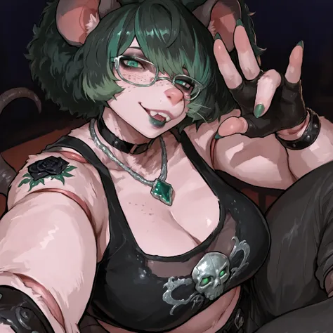 (Tall Mature Voluptuous Female furry rat), (black big curly afro with green highlights), (Green streaks in hair), (green eyes), (glowing iris), (black choker), (black leather bracelets), (Black Rose Tattoo on right shoulder), (Silver necklace with a green ...