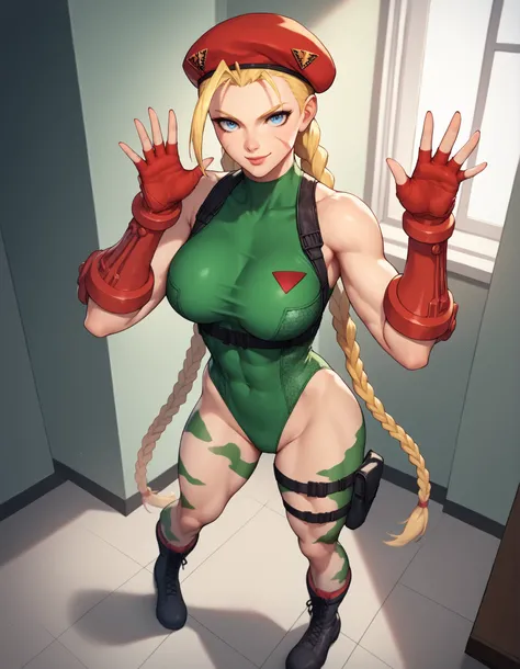 score_9, score_8_up, score_7_up, score_6_up, source_anime, BREAK, CammyWhiteSFXL, scar on cheek, blue eyes, blonde hair, long hair, twin braids, antenna hair, camouflage, red beret, large breasts, bare shoulders, green leotard, black harness, red gloves, f...