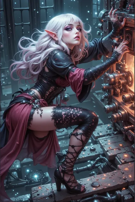 (Ultra-detailed face, Looking Away, Gothic Illustration, Dark Tone Colors.) , BREAK
(A female dark elf warrior, boldly posed in a labyrinth covered with mirrors and white gas, attempts to use her hands and body to push and move a giant mechanical bar leve...