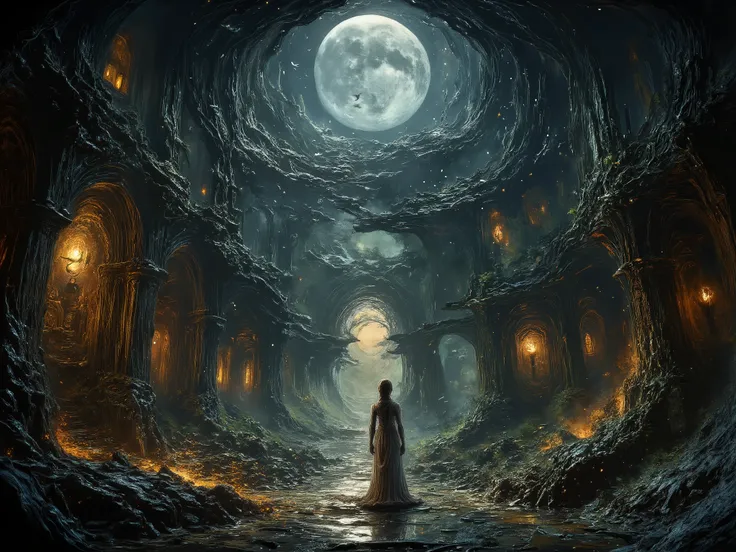 The silvermist ghost of a beautiful girl and the black bone dragon protecting her at night in the ruins of a church