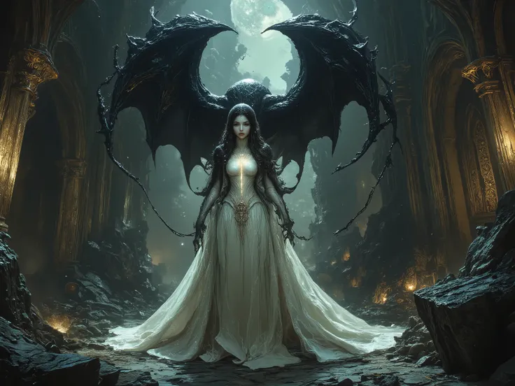 The silvermist ghost of a beautiful girl and the black bone dragon protecting her at night in the ruins of a church